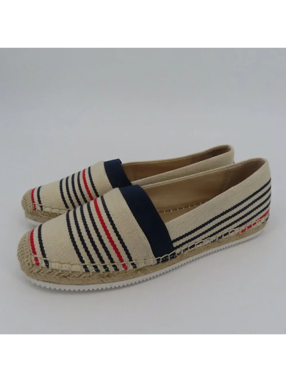 Lands End Women 7.5B Espadrille Flats Slip On Shoes Beige Red Blue Stripe Canvas